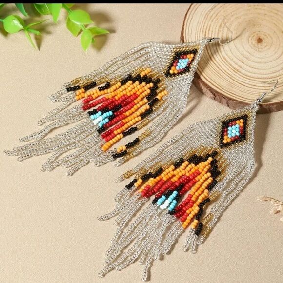 Handmade Native American-Style Beaded Tassel Fashion* Earrings Extra Long 1 pair - Picture 4 of 17